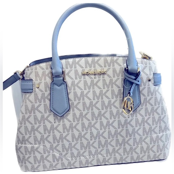 Michael Kors Handbags - 🩵NWT Michael Kors Large Lynn Satchel Pale Blue Multi Logo🩵